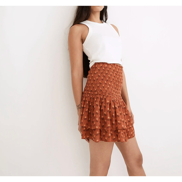 Madewell Smocked Pull-On Tiered Mini Skirt in Wild Calendula Block-Print XL NWT - Picture 1 of 8